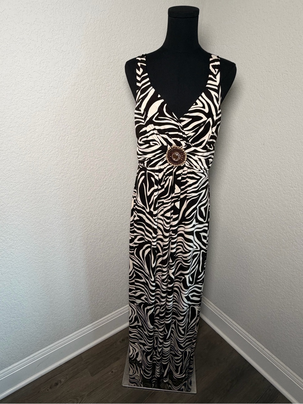 Enfocus Studio Black and White Zebra Print Maxi Dress with Center Buckle